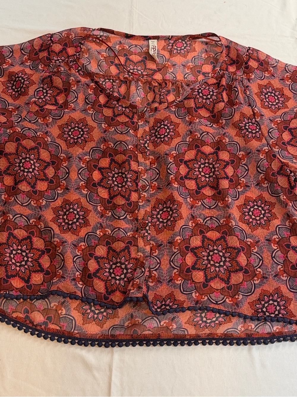 Mudd Pink and Red Floral Crochet-Trim Crop Blouse (sheer)